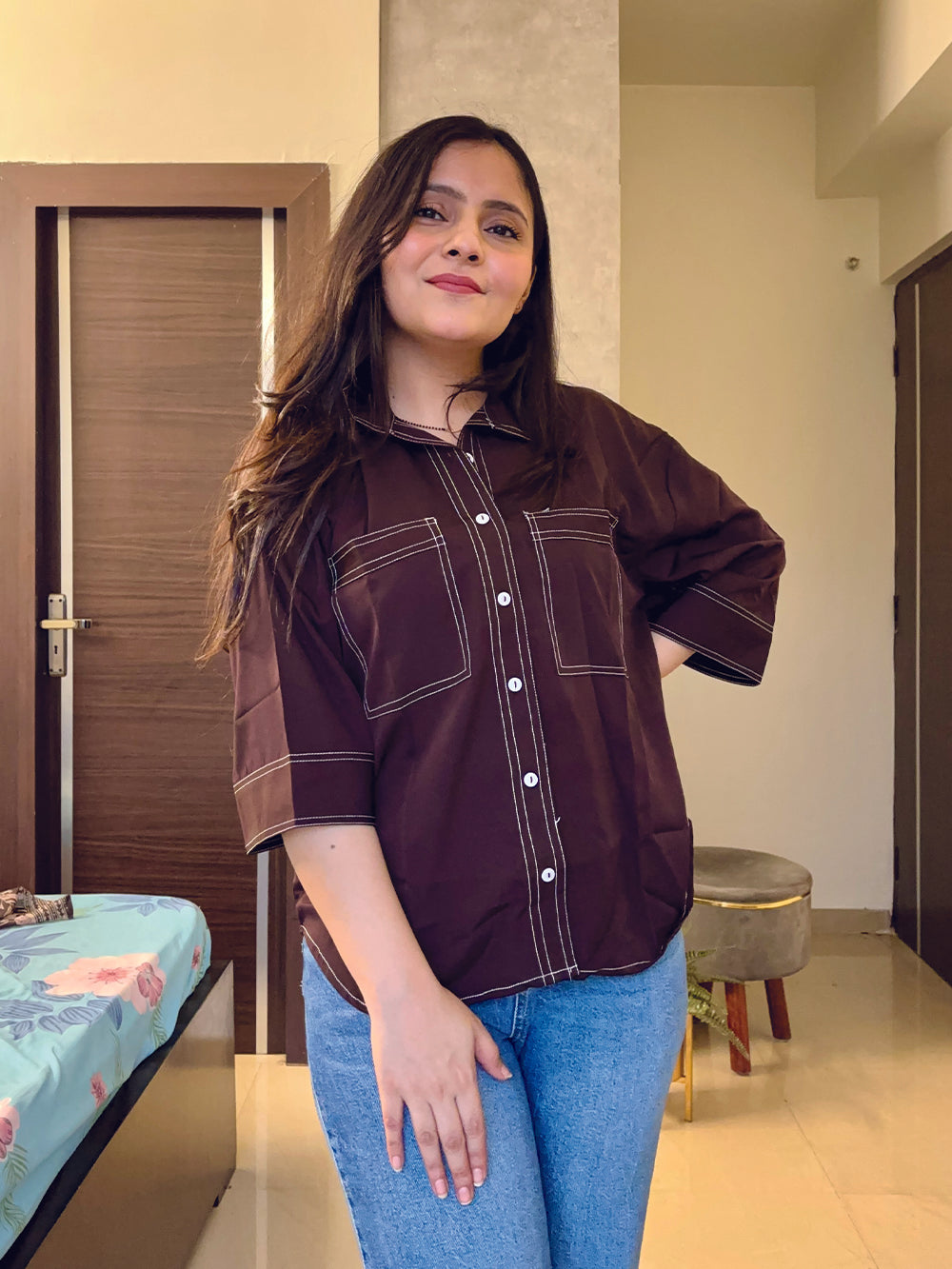 Coffee Crepe Plain Regular shirt for woman