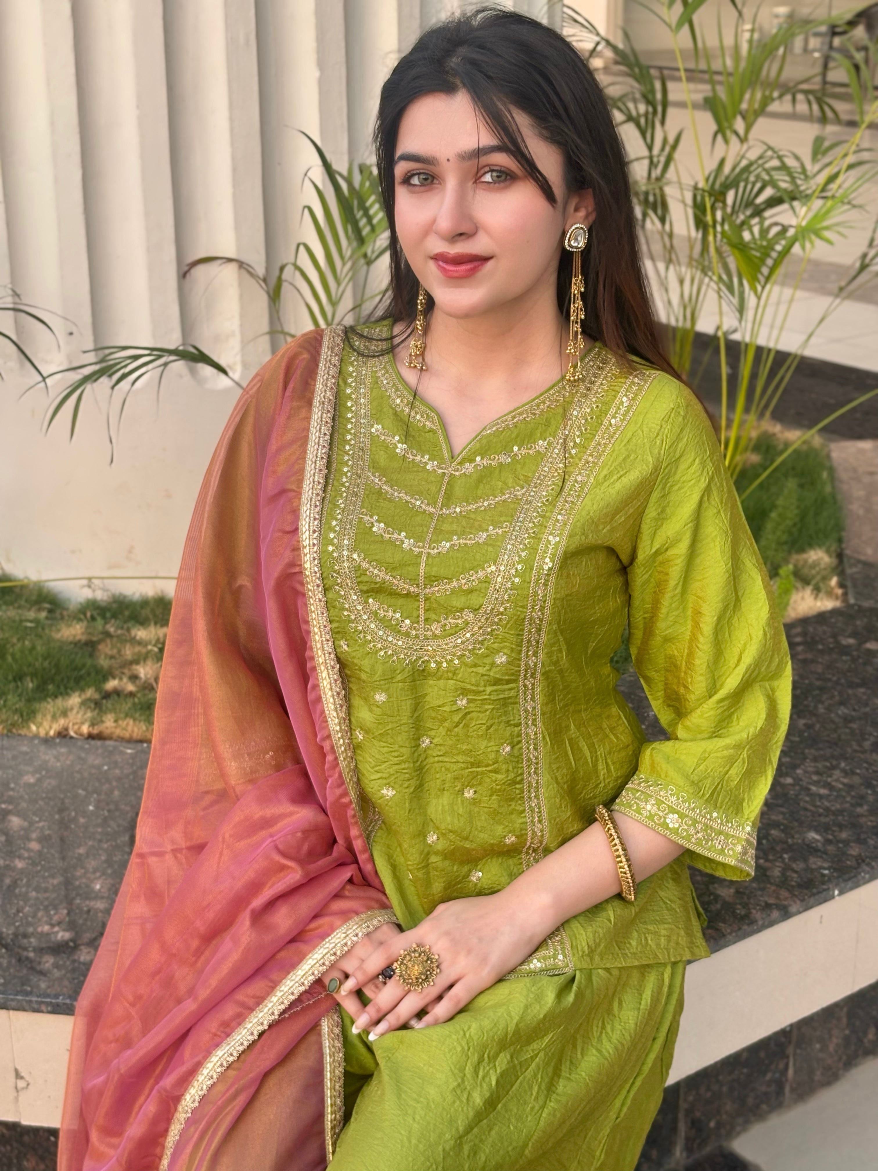 Pista Silk Embroidered Top Sharara Set with Dupatta