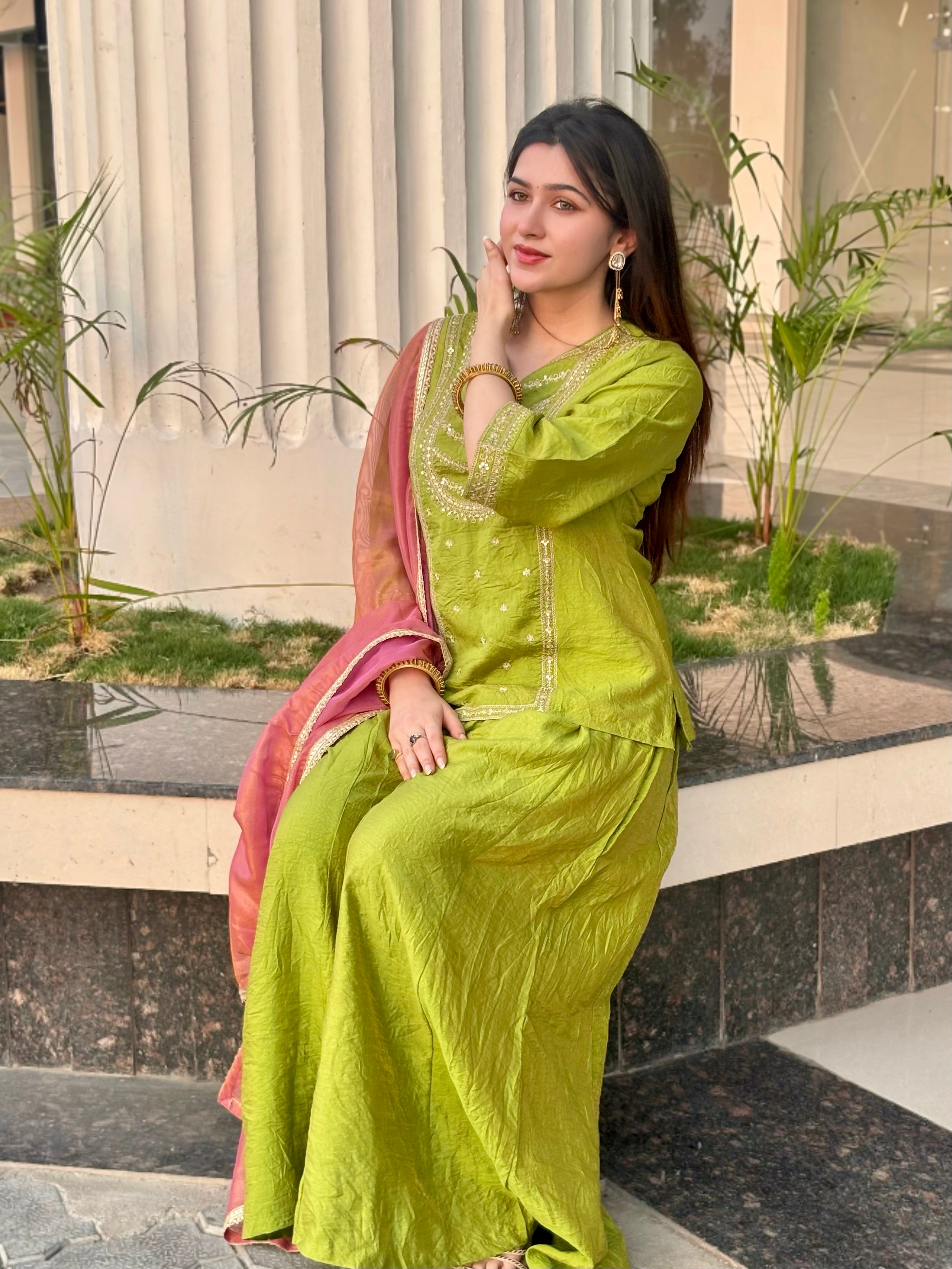 Pista Silk Embroidered Top Sharara Set with Dupatta