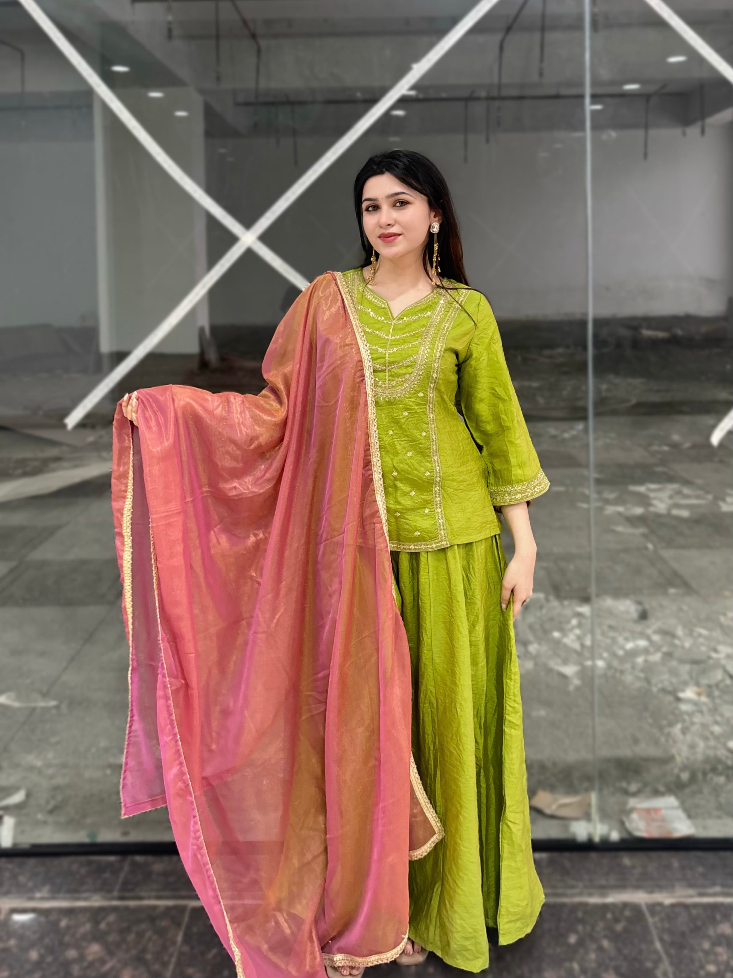 Pista Silk Embroidered Top Sharara Set with Dupatta