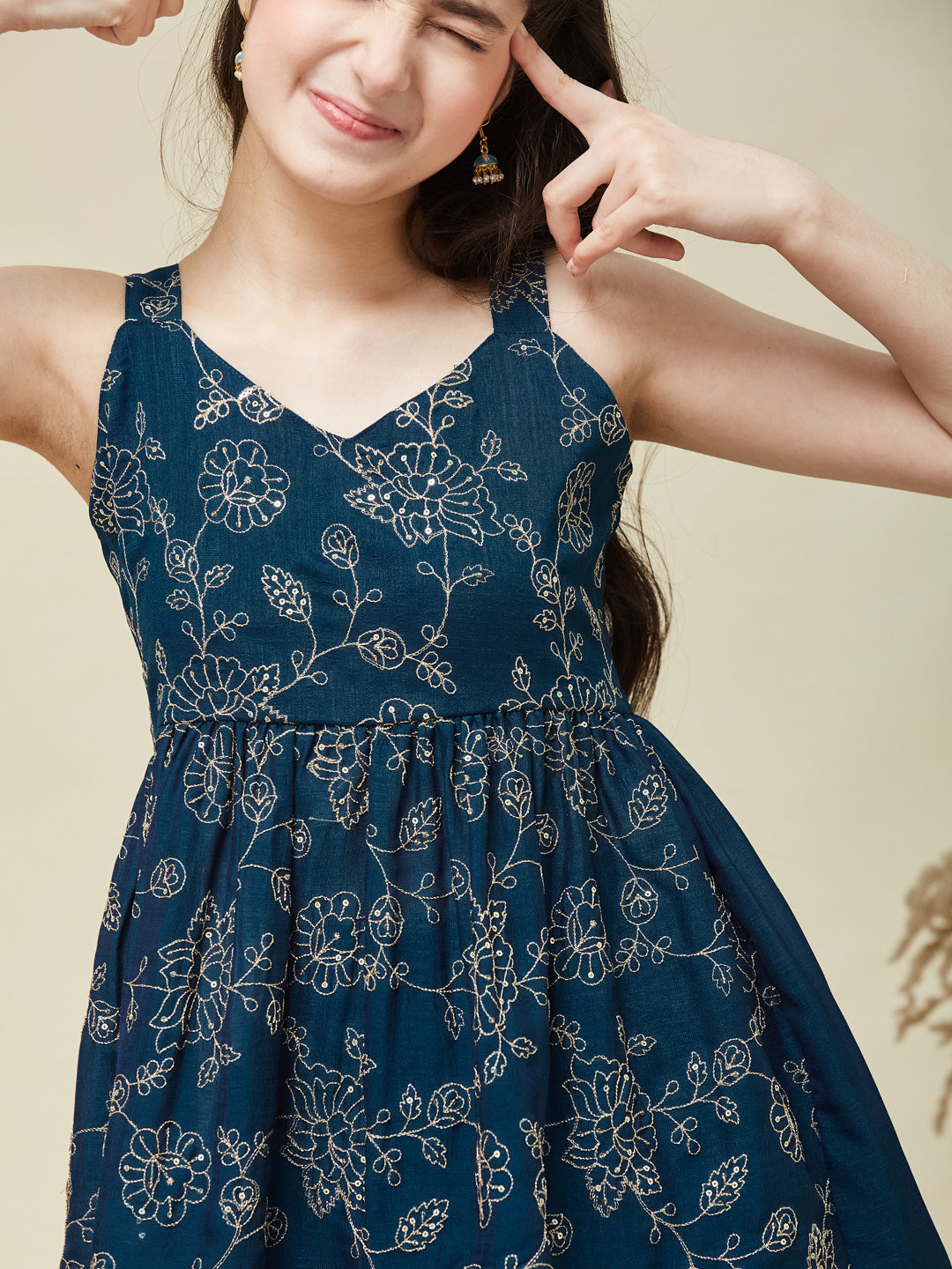 Kids Teal Blue Silk Embroidered Kurta Plazzo Set