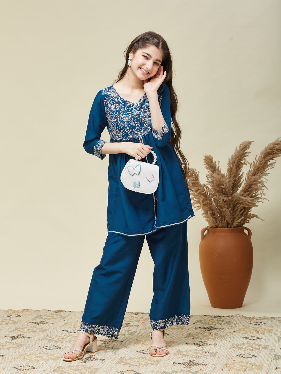 Girl's Teal Blue Chinon Embroidered Kurta plazzo set