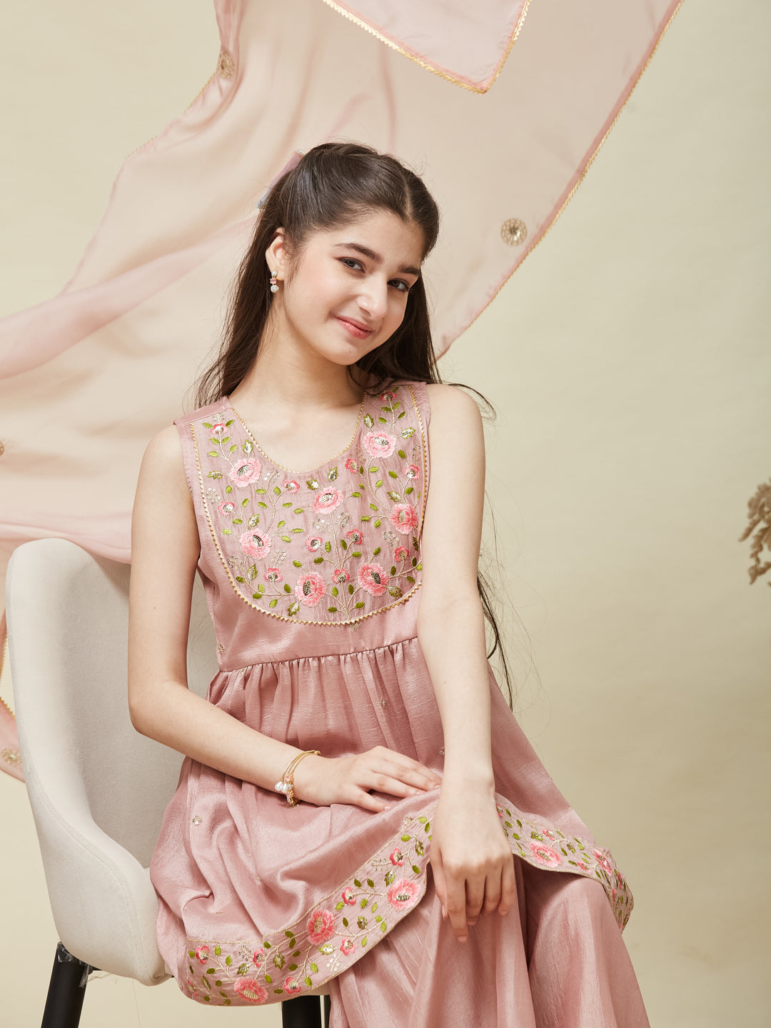 Girl's Pink Silk Embroidered Sharara Set With Dupatta