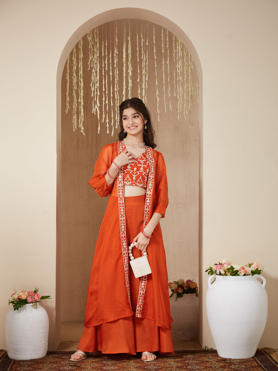 Orange cotton Embroidered Top, Palazzo Shrug Set Girl's
