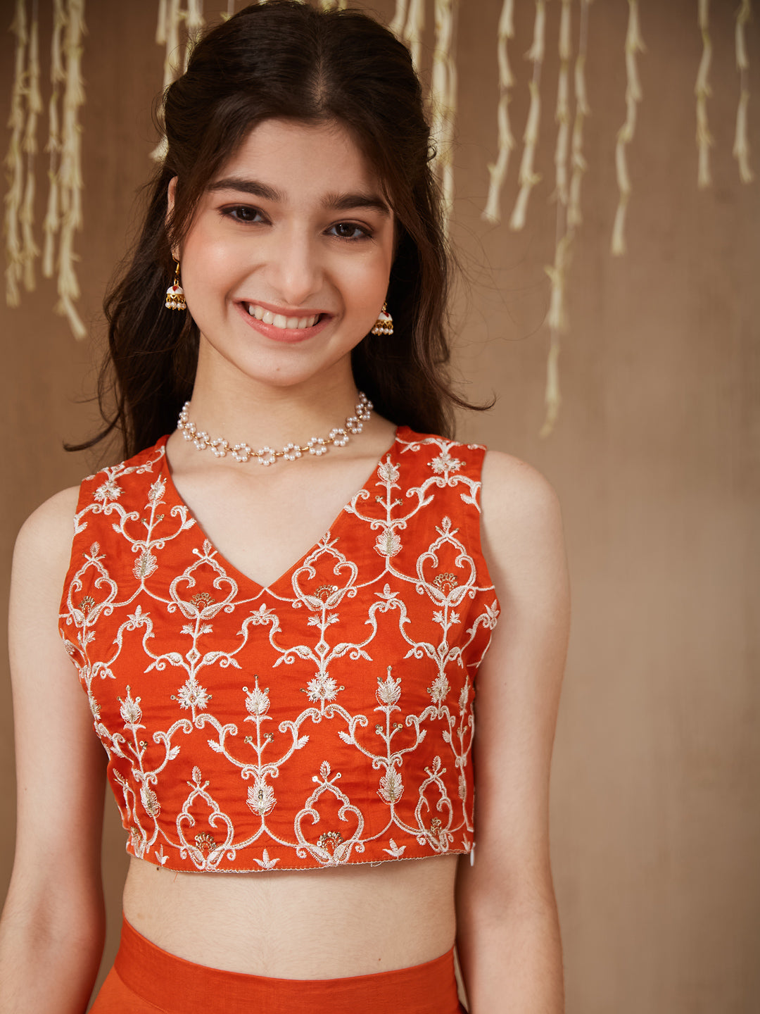 Orange cotton Embroidered Top, Palazzo Shrug Set Girl's