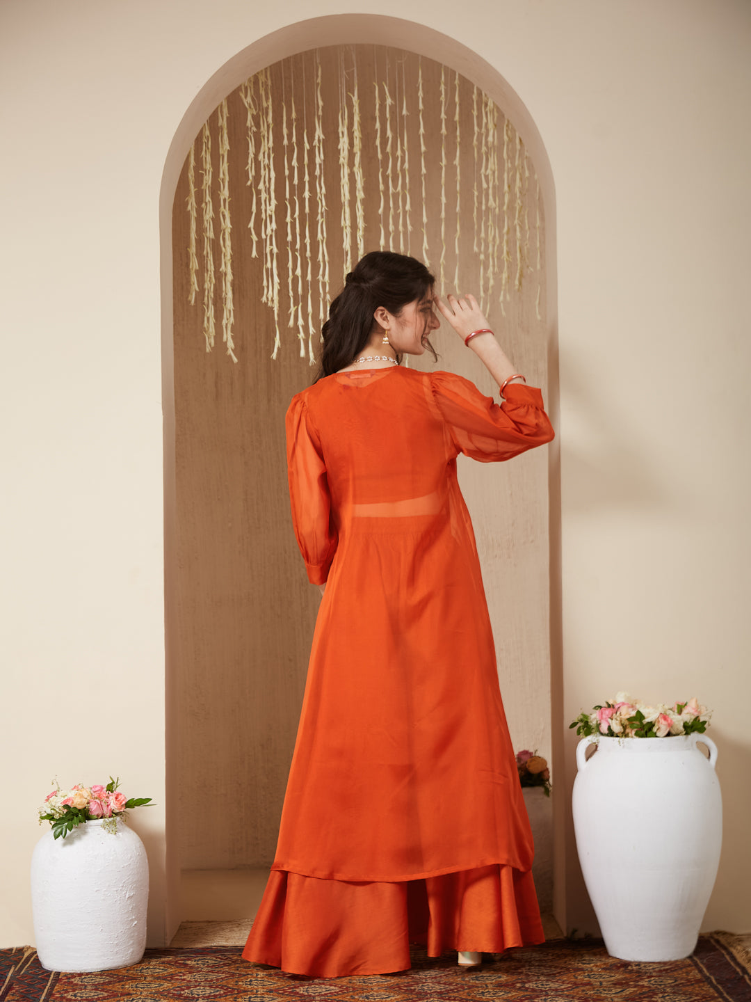 Orange cotton Embroidered Top, Palazzo Shrug Set Girl's