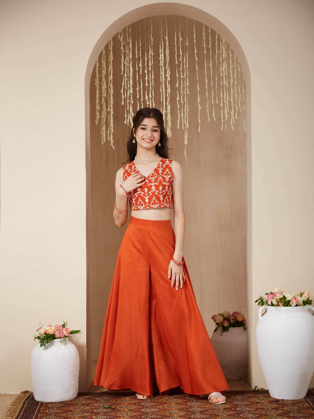 Orange cotton Embroidered Top, Palazzo Shrug Set Girl's