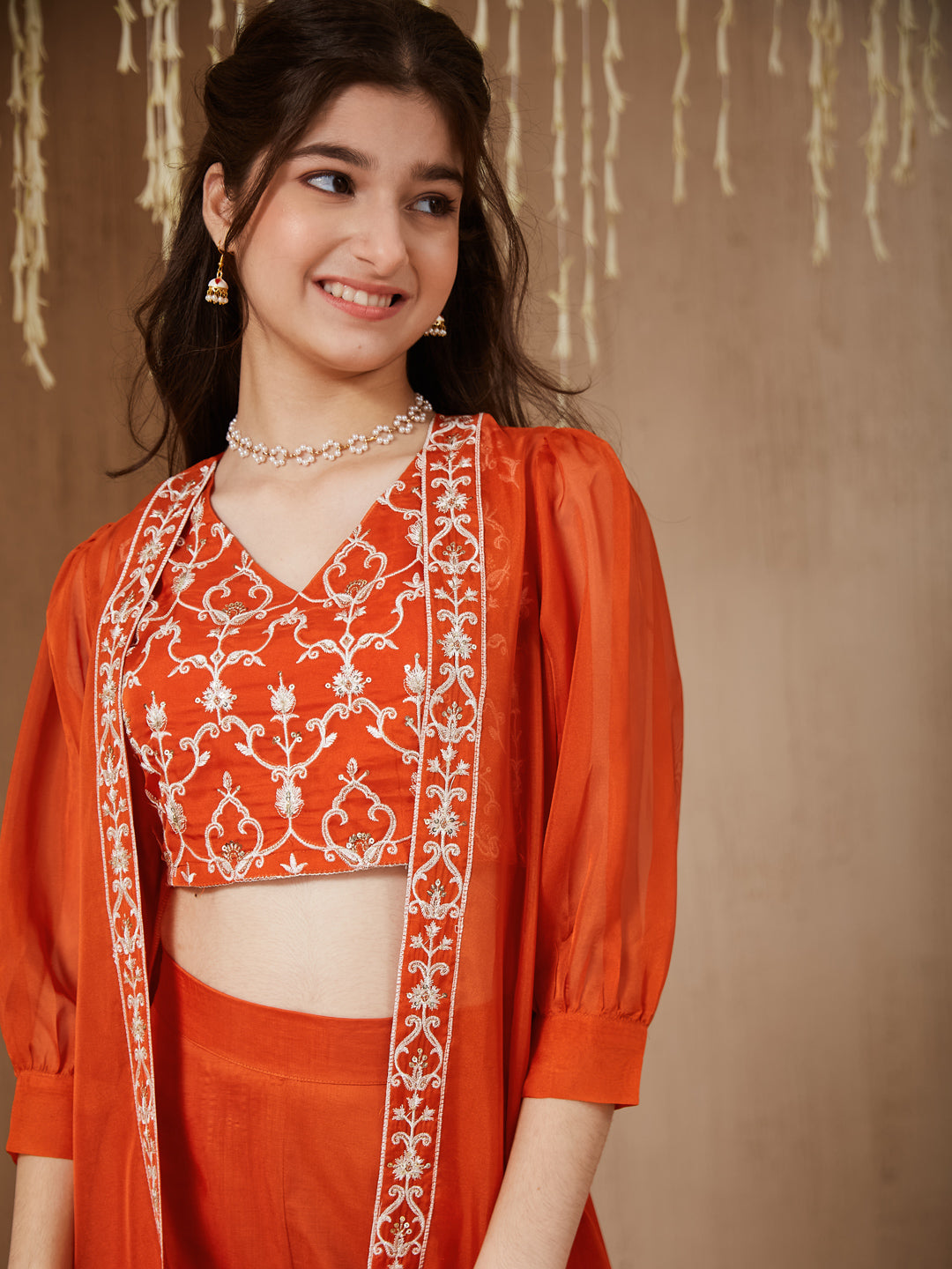 Orange cotton Embroidered Top, Palazzo Shrug Set Girl's