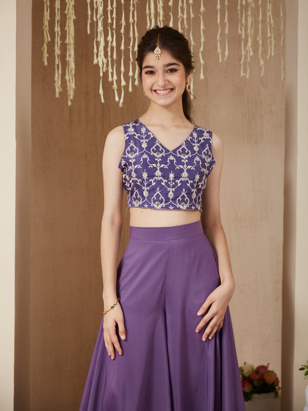 Lavender Embroidered Top,Plazoo and Shurg Set Girl's