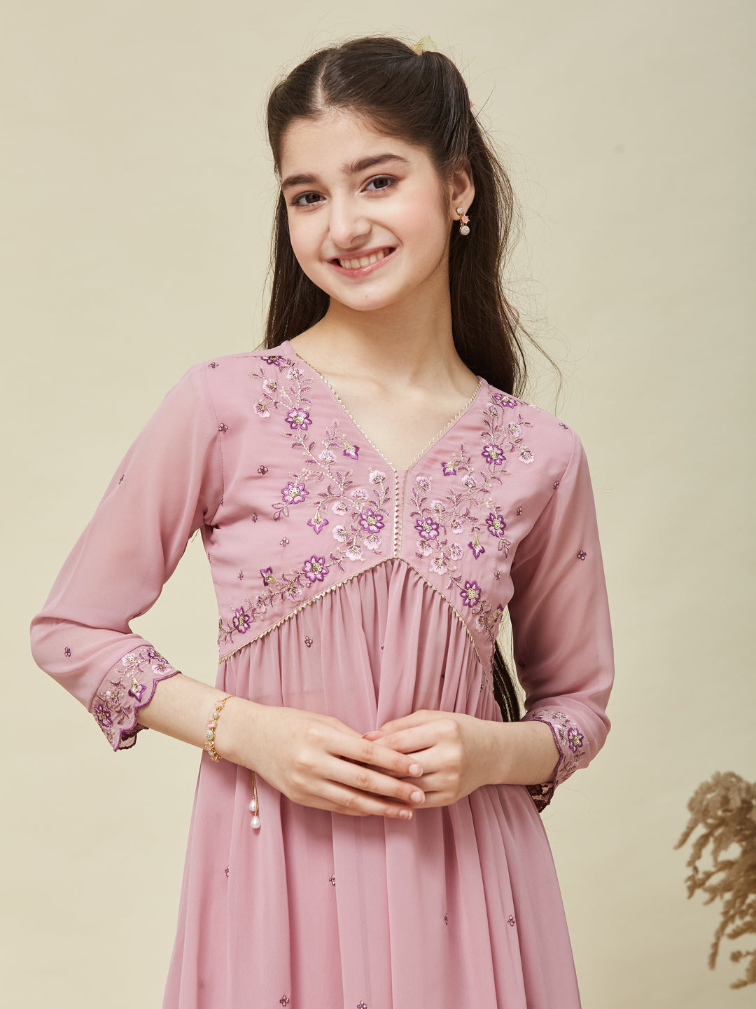 Pink Georgette Embroidered Kurta & Pant Set for Girls