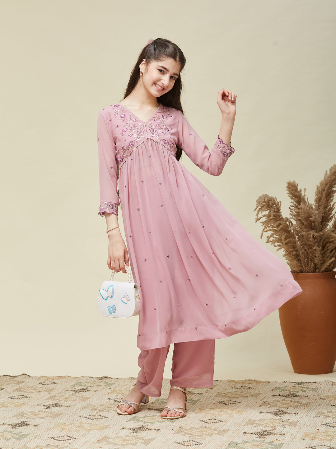 Pink Georgette Embroidered Kurta & Pant Set for Girls