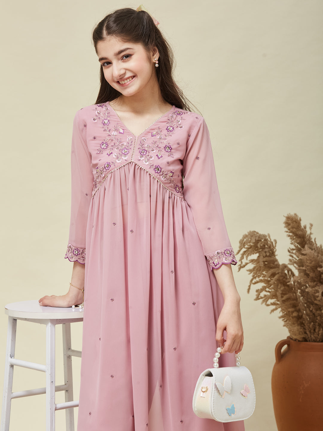 Pink Georgette Embroidered Kurta & Pant Set for Girls
