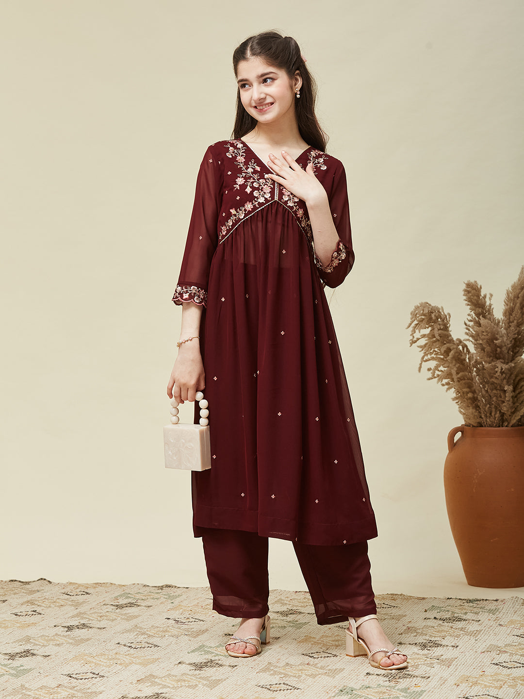 Maroon Georgette Embroidered Kurta & Pant Set for Girls