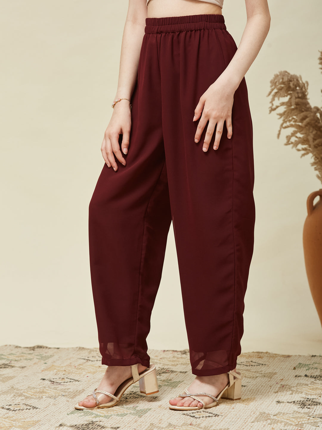 Maroon Georgette Embroidered Kurta & Pant Set for Girls