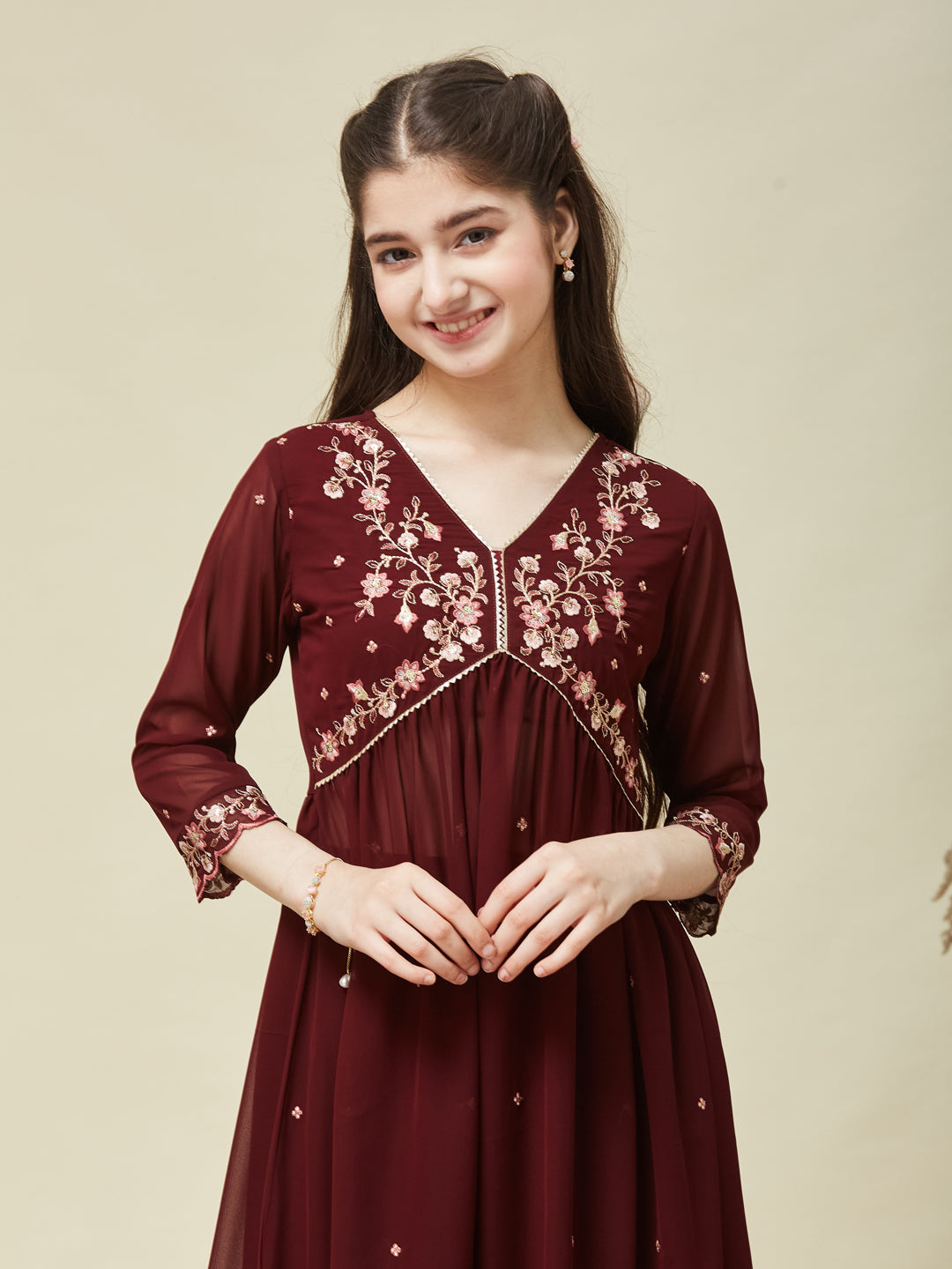 Maroon Georgette Embroidered Kurta & Pant Set for Girls