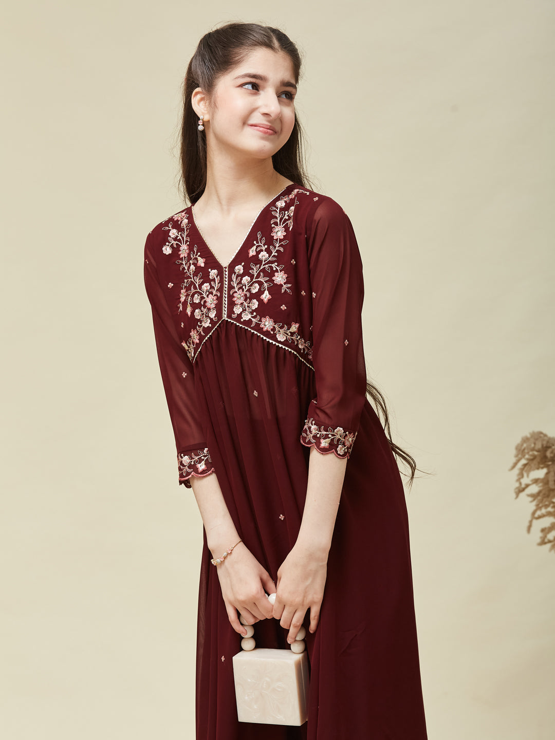 Maroon Georgette Embroidered Kurta & Pant Set for Girls