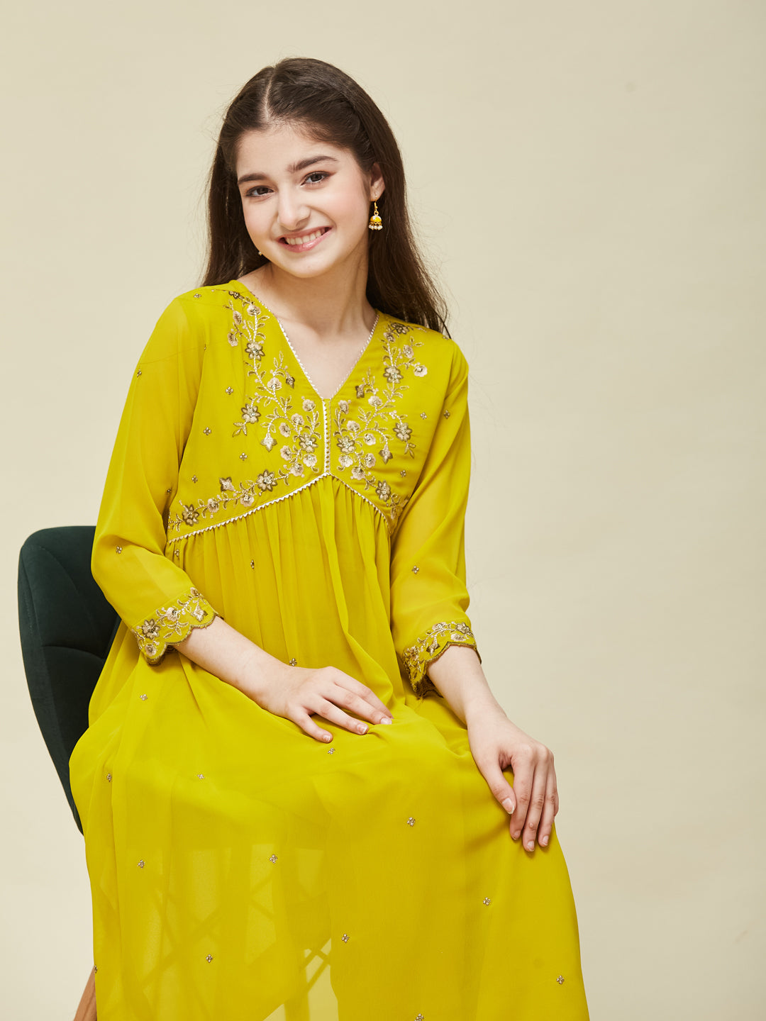Neon Georgette Embroidered Kurta & Pant Set for Girls
