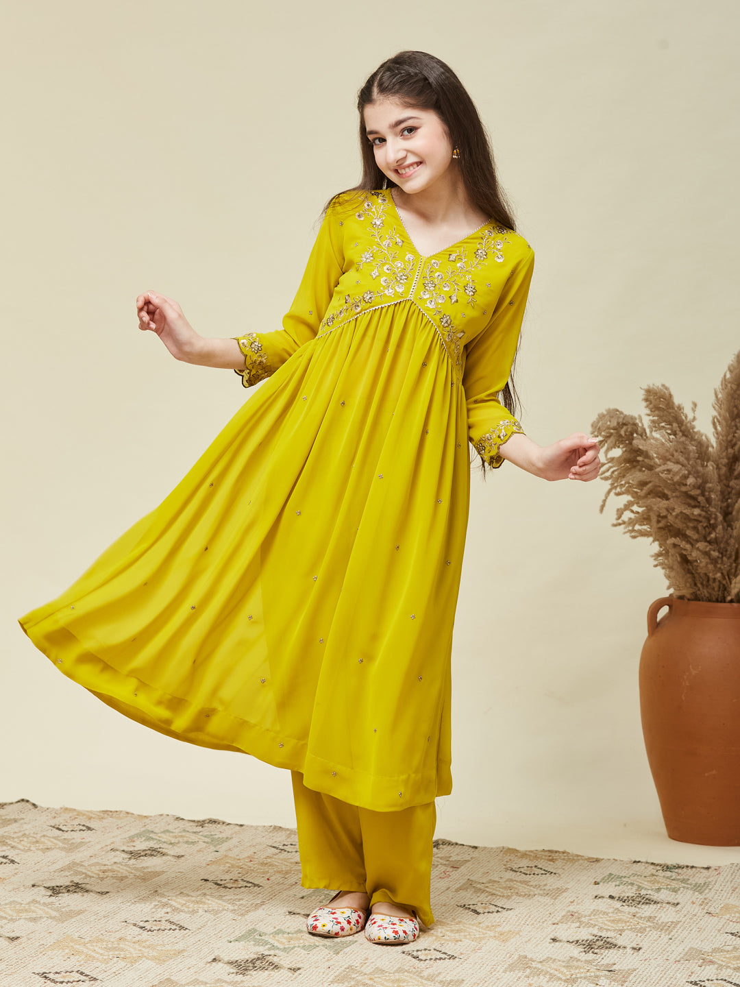 Neon Georgette Embroidered Kurta & Pant Set for Girls