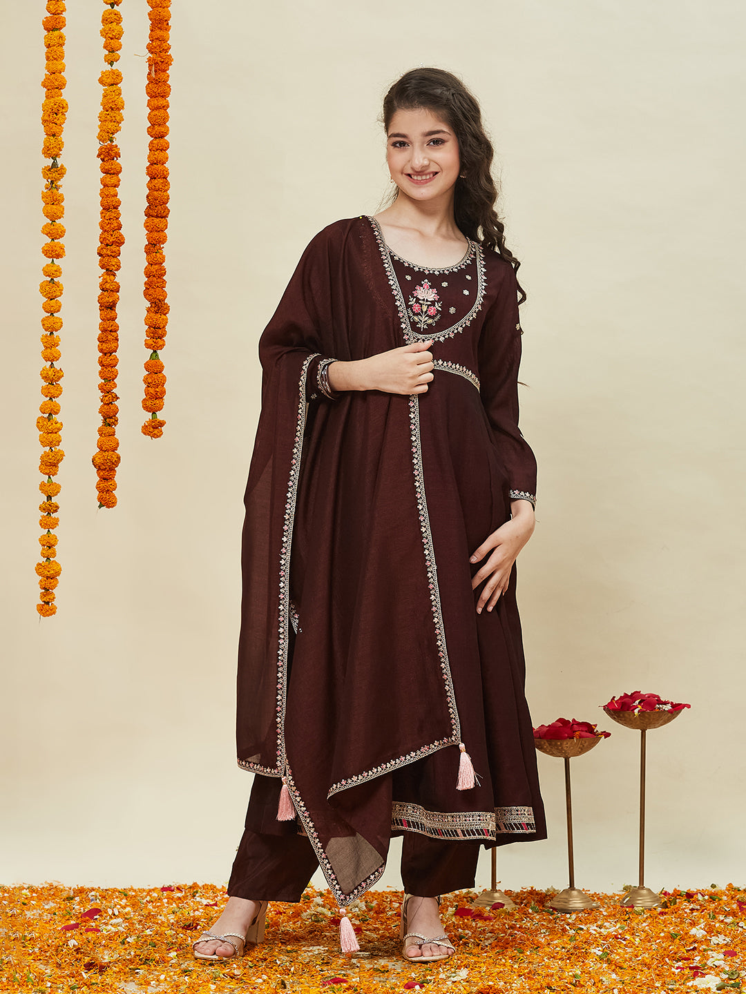 Girls Coffee Silk Blend Embroidered Anarkali Set with Dupatta