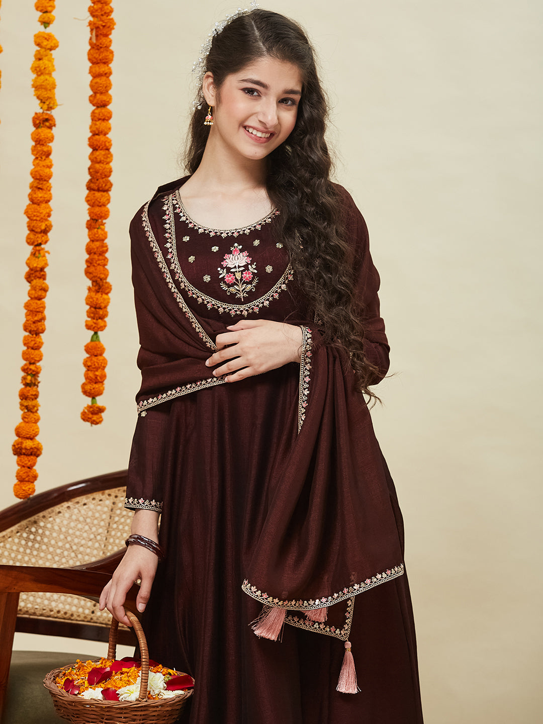 Girls Coffee Silk Blend Embroidered Anarkali Set with Dupatta