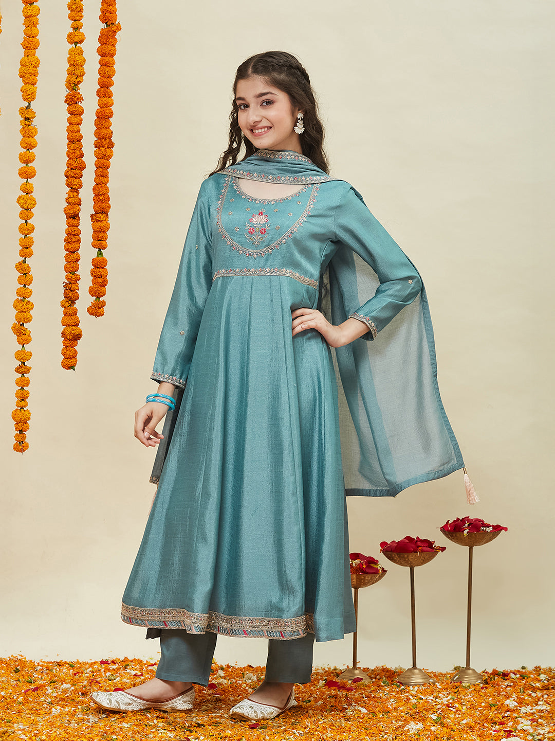 Girls Aqua Blue Silk Embroidered Anarkali Set with Dupatta