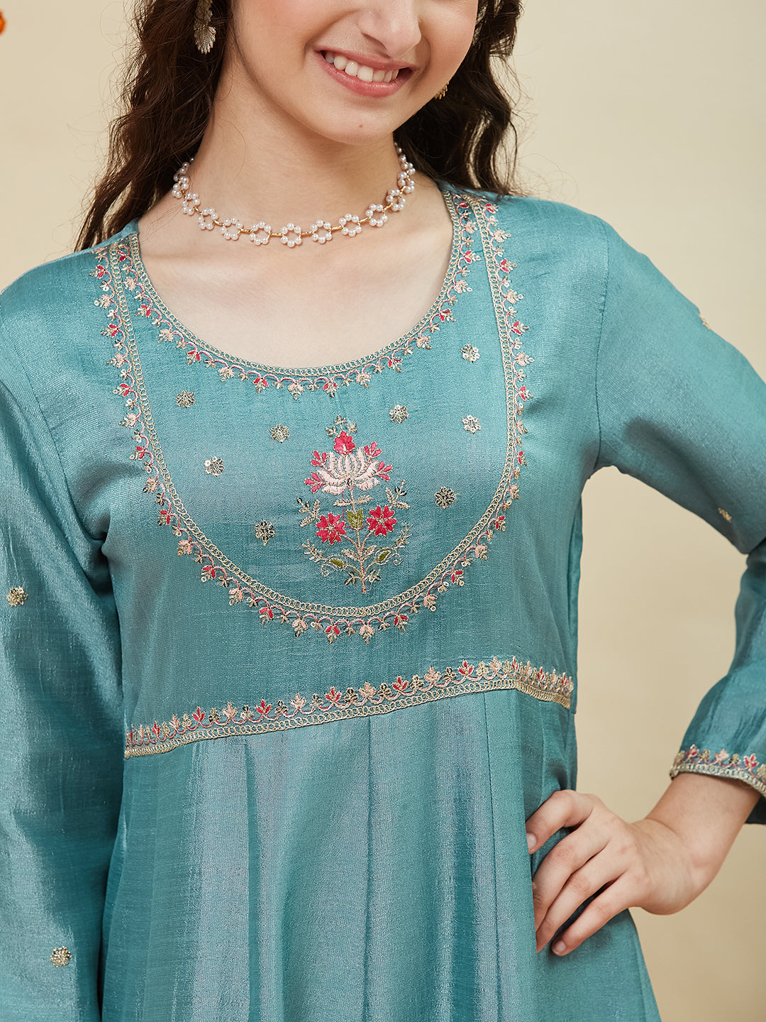 Girls Aqua Blue Silk Embroidered Anarkali Set with Dupatta