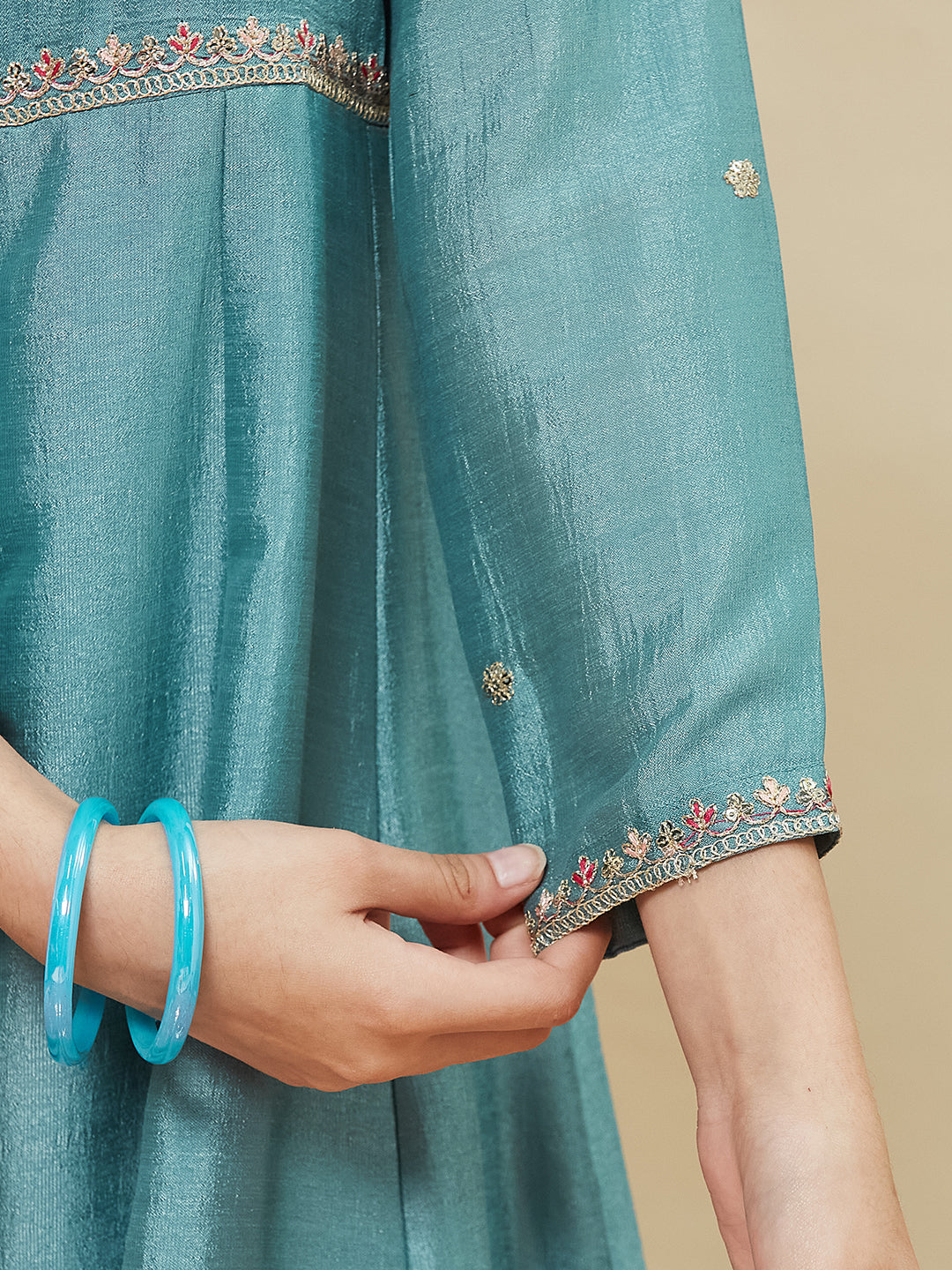 Girls Aqua Blue Silk Embroidered Anarkali Set with Dupatta