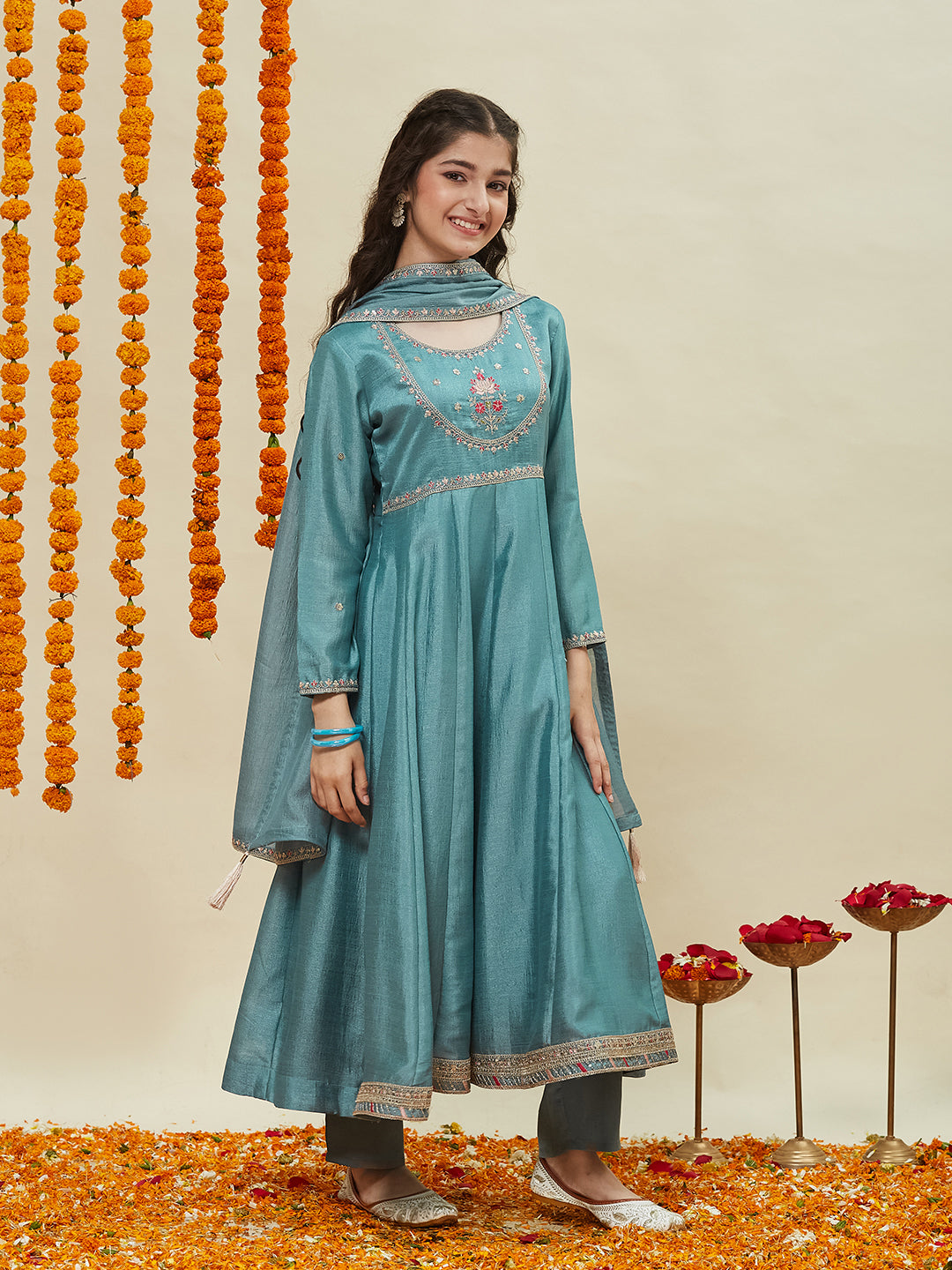Girls Aqua Blue Silk Embroidered Anarkali Set with Dupatta