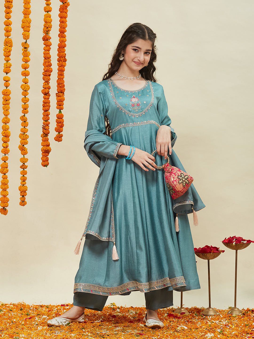 Girls Aqua Blue Silk Embroidered Anarkali Set with Dupatta