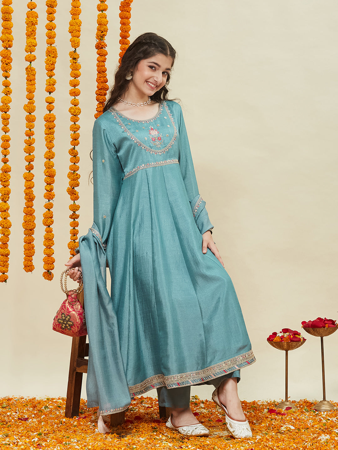 Girls Aqua Blue Silk Embroidered Anarkali Set with Dupatta