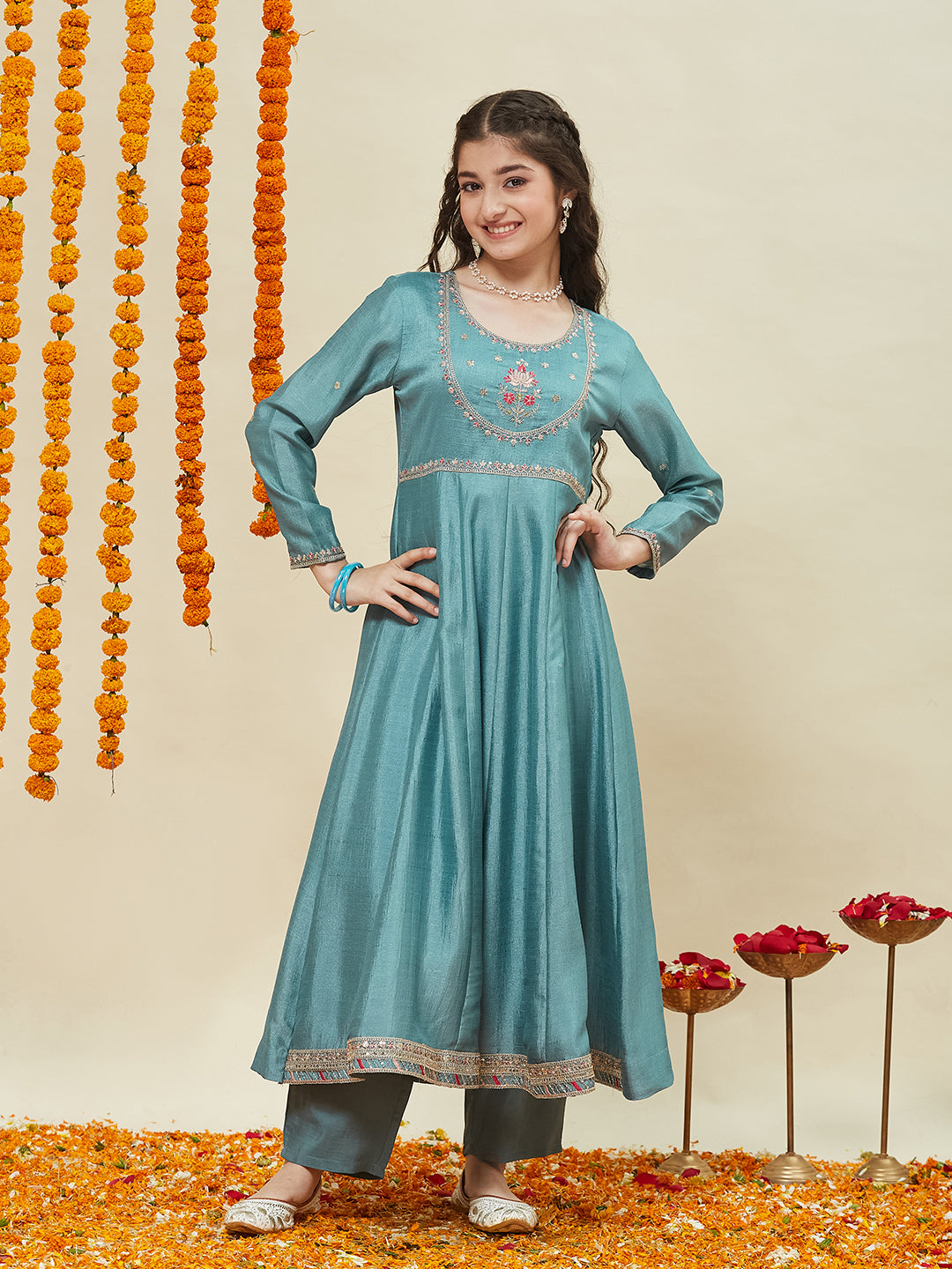 Girls Aqua Blue Silk Embroidered Anarkali Set with Dupatta