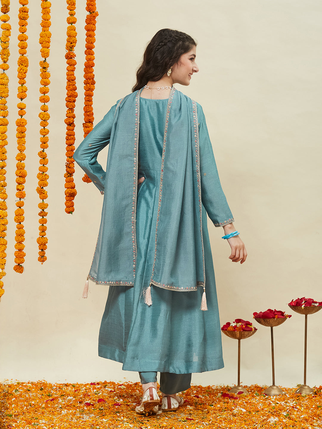 Girls Aqua Blue Silk Embroidered Anarkali Set with Dupatta