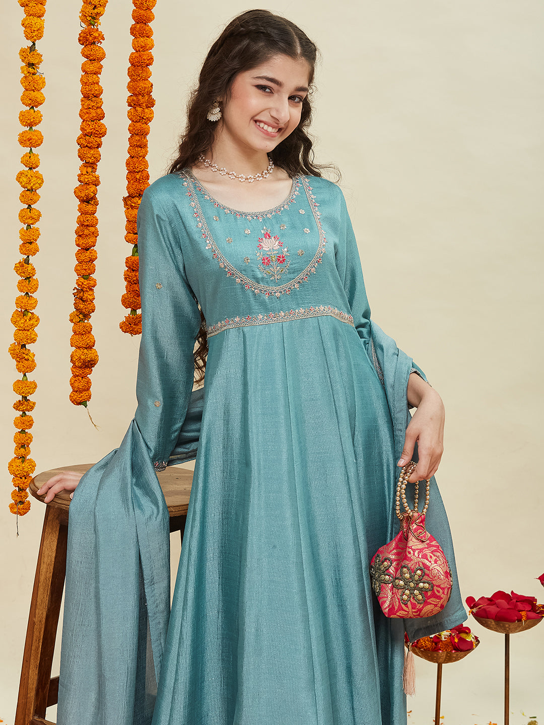 Girls Aqua Blue Silk Embroidered Anarkali Set with Dupatta