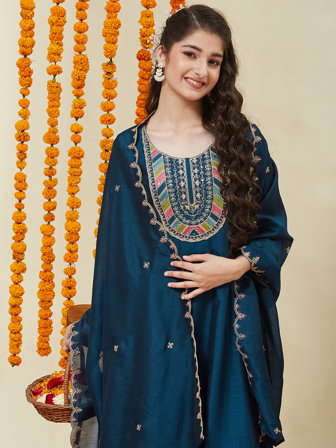 Teal Blue Silk Embroidered Anarkali Pant & Dupatta Set for Girls