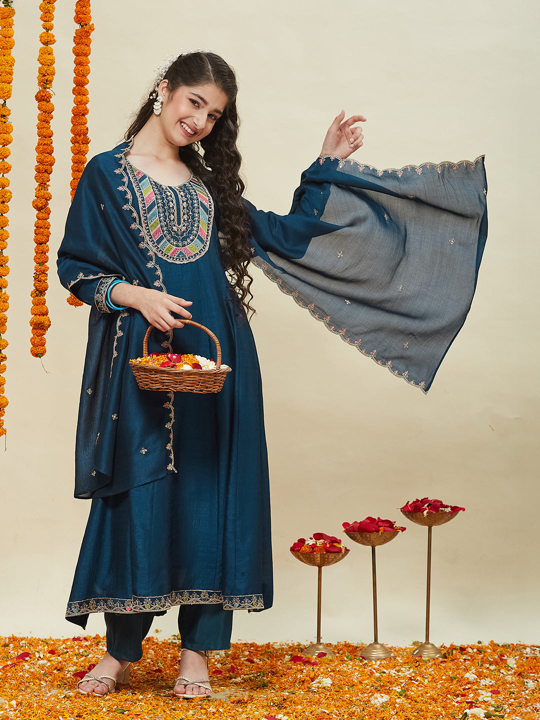 Teal Blue Silk Embroidered Anarkali Pant & Dupatta Set for Girls
