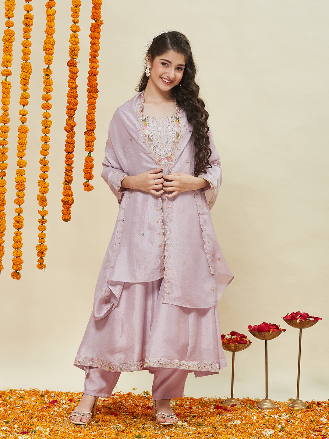 Lavender Silk Embroidered Anarkali Pant & Dupatta Set for Girls