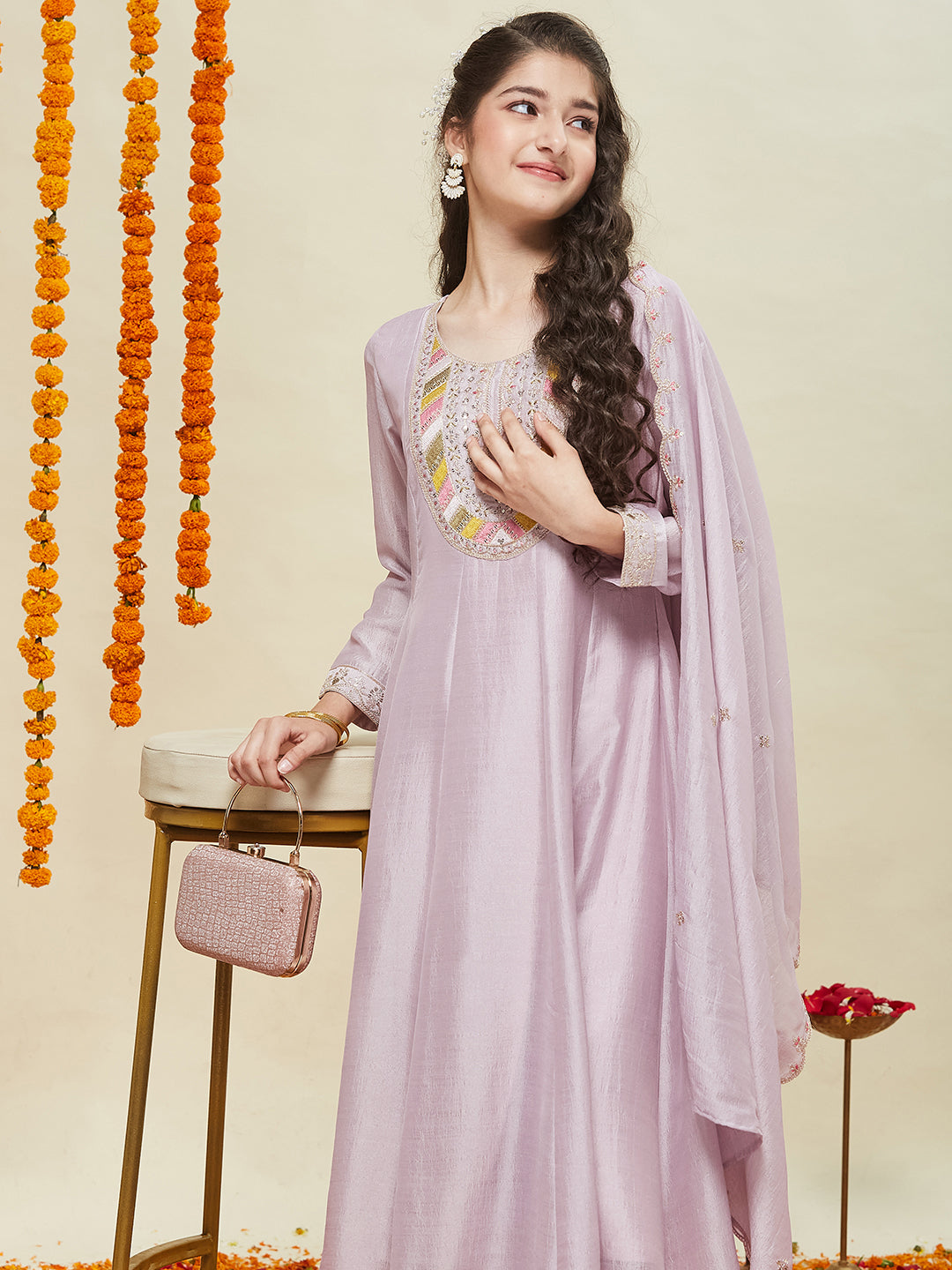Lavender Silk Embroidered Anarkali Pant & Dupatta Set for Girls