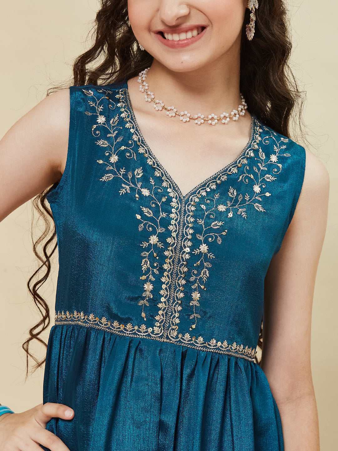 Teal blue Embroidered  Poly Chinon Kurta & Sharara for girls