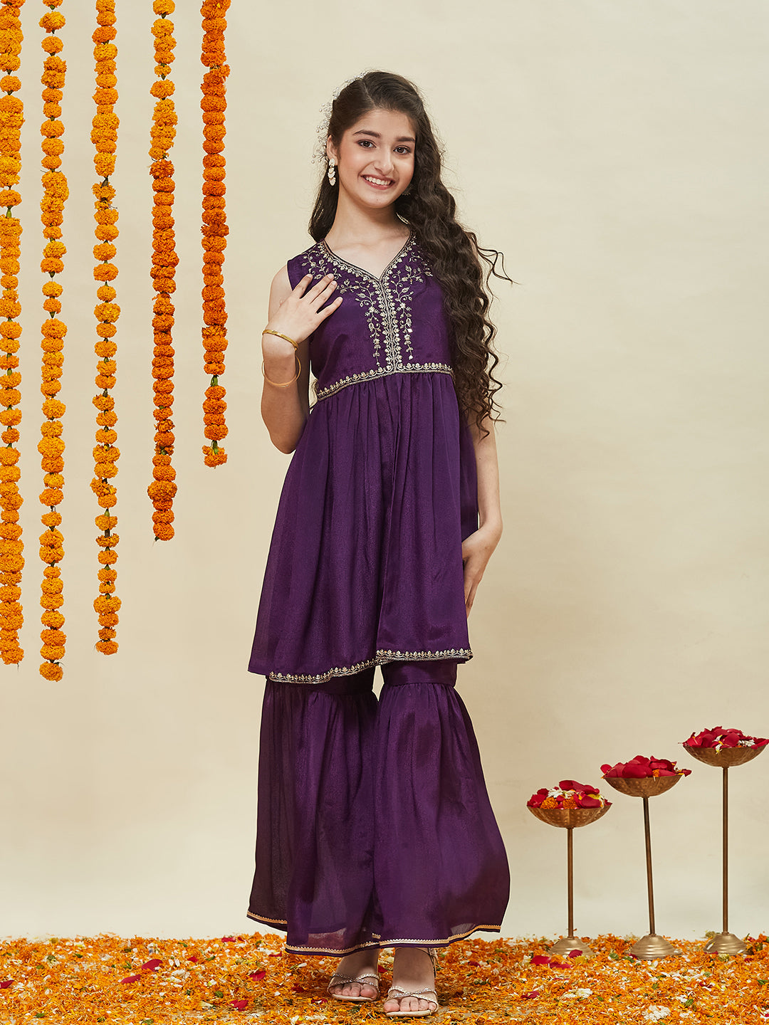 Violet Embroidered  Poly Chinon Kurta & Sharara for girls