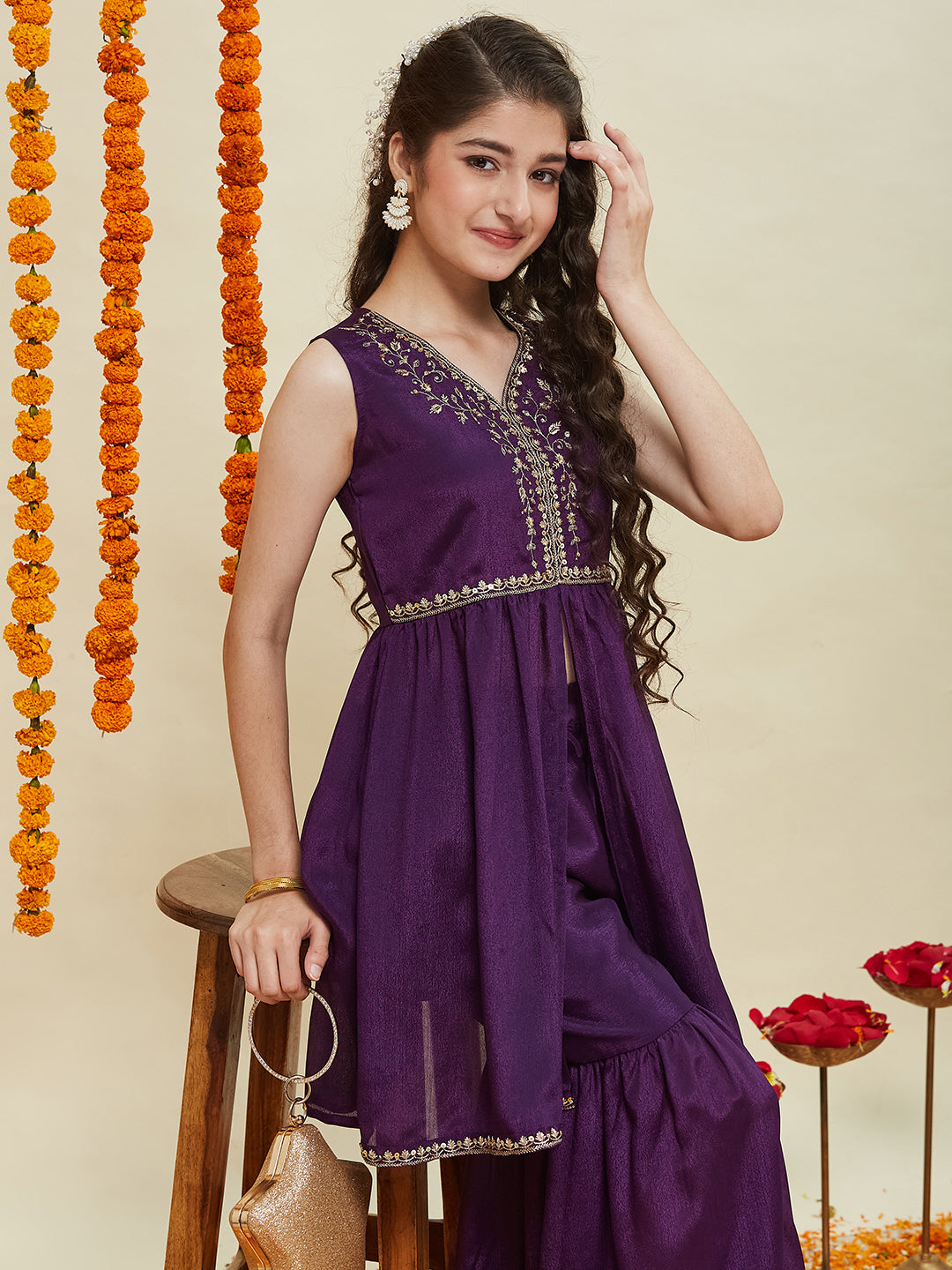 Violet Embroidered  Poly Chinon Kurta & Sharara for girls