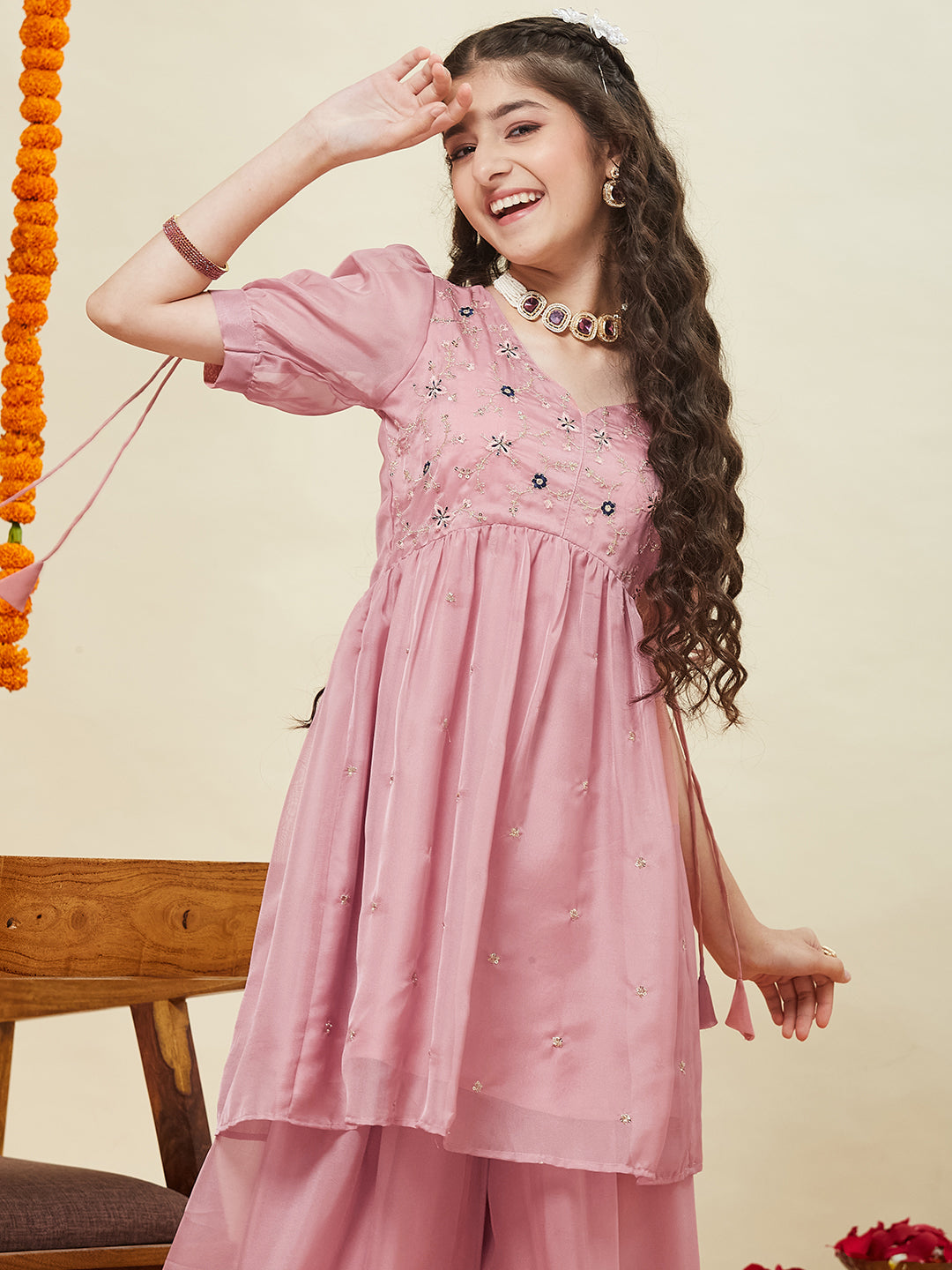 Baby Pink Embroidered Kurti & Sharara Set for Girls