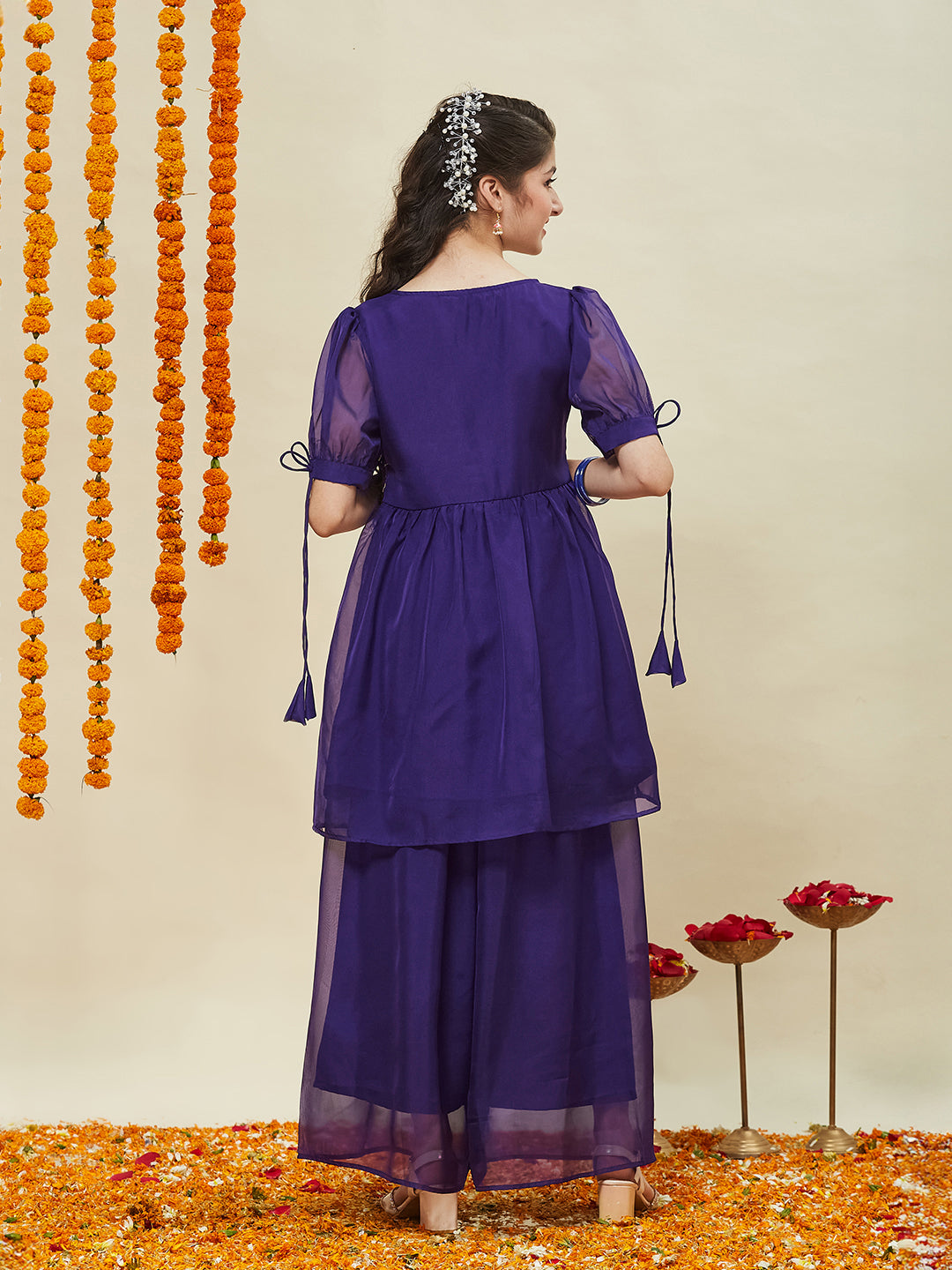Violet Embroidered Kurti & Sharara Set for Girls