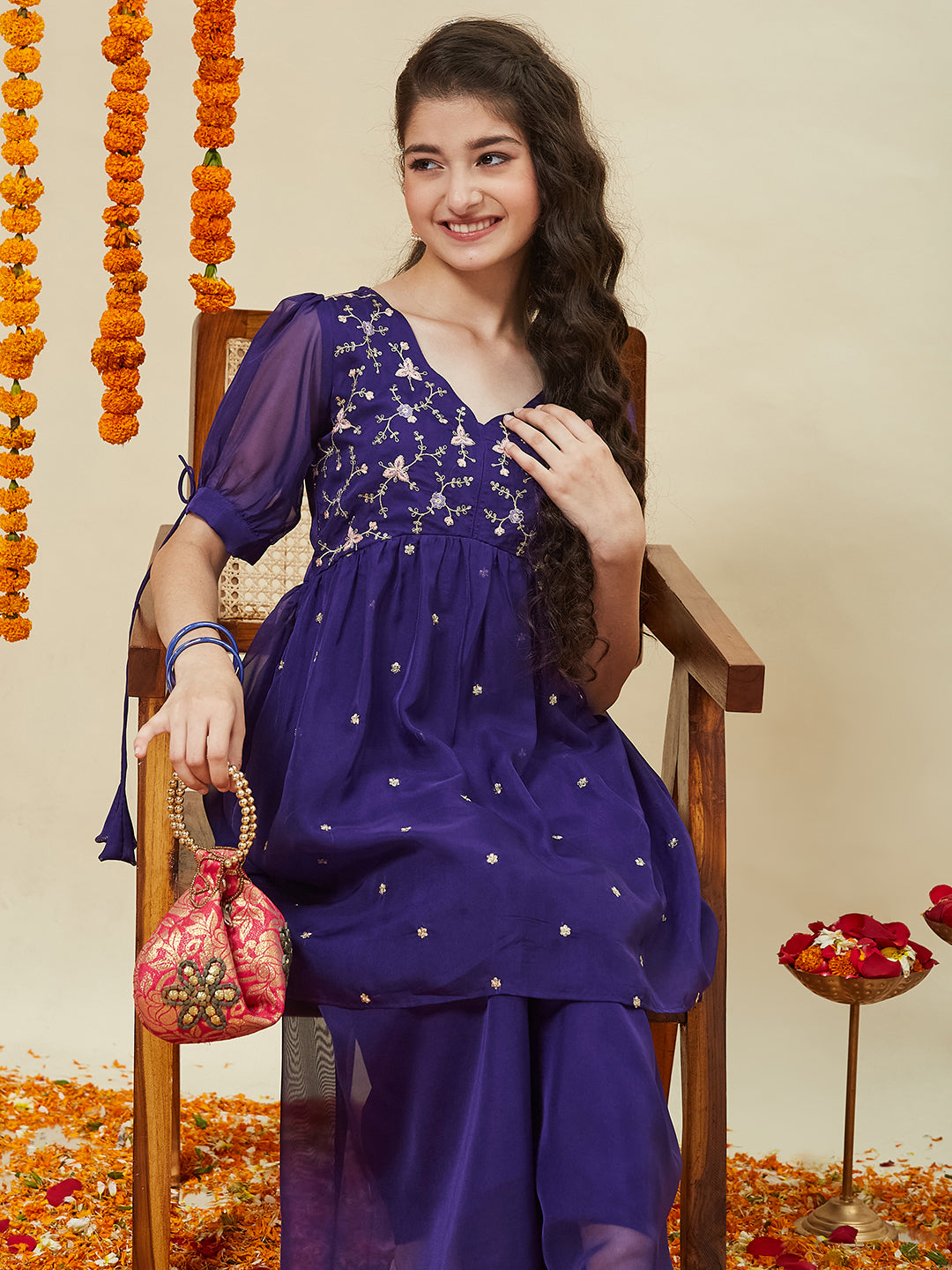 Violet Embroidered Kurti & Sharara Set for Girls