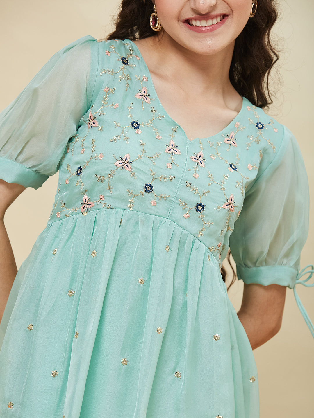 Sky Blue Embroidered Kurti & Sharara Set for Girls