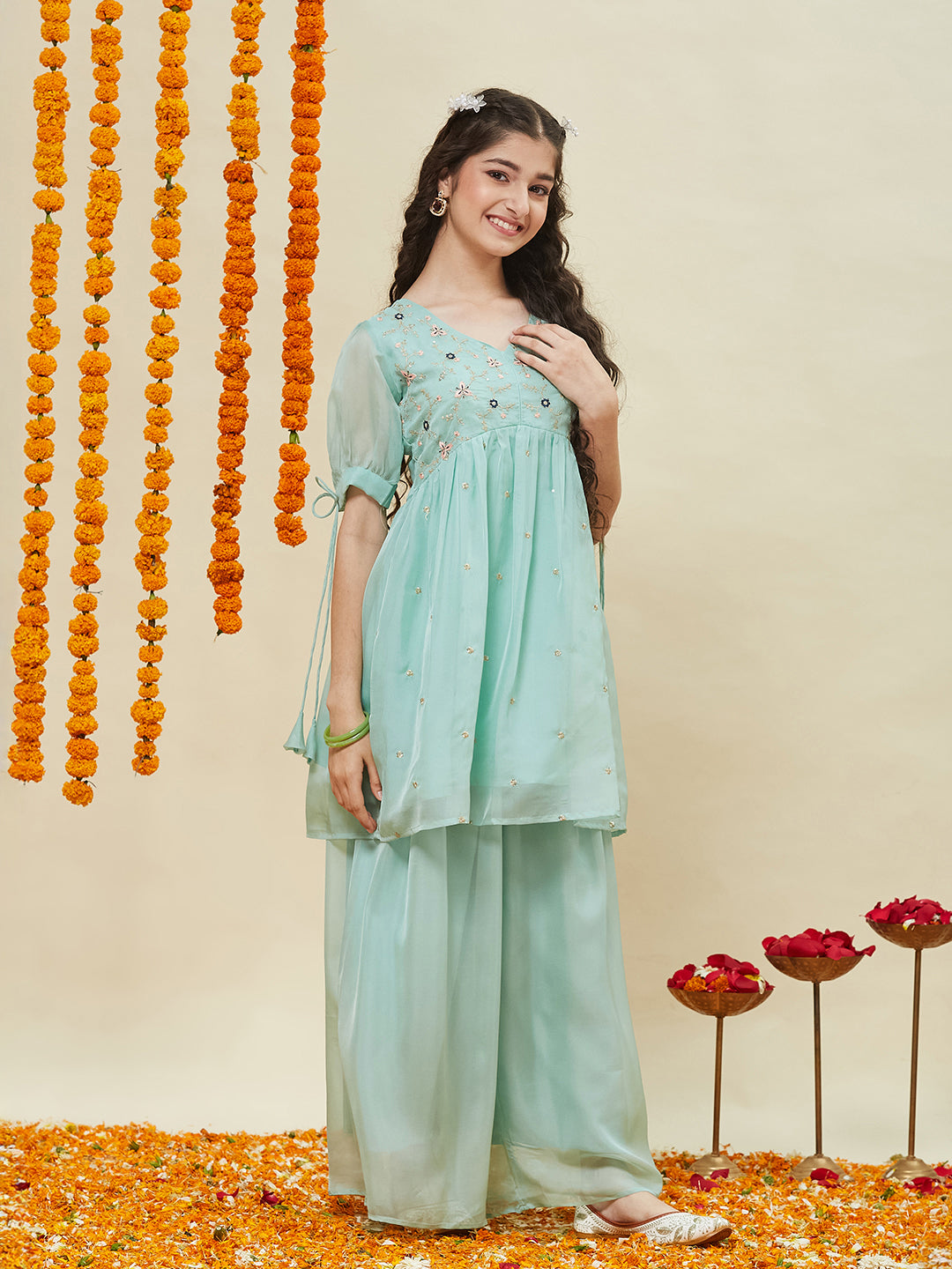 Sky Blue Embroidered Kurti & Sharara Set for Girls