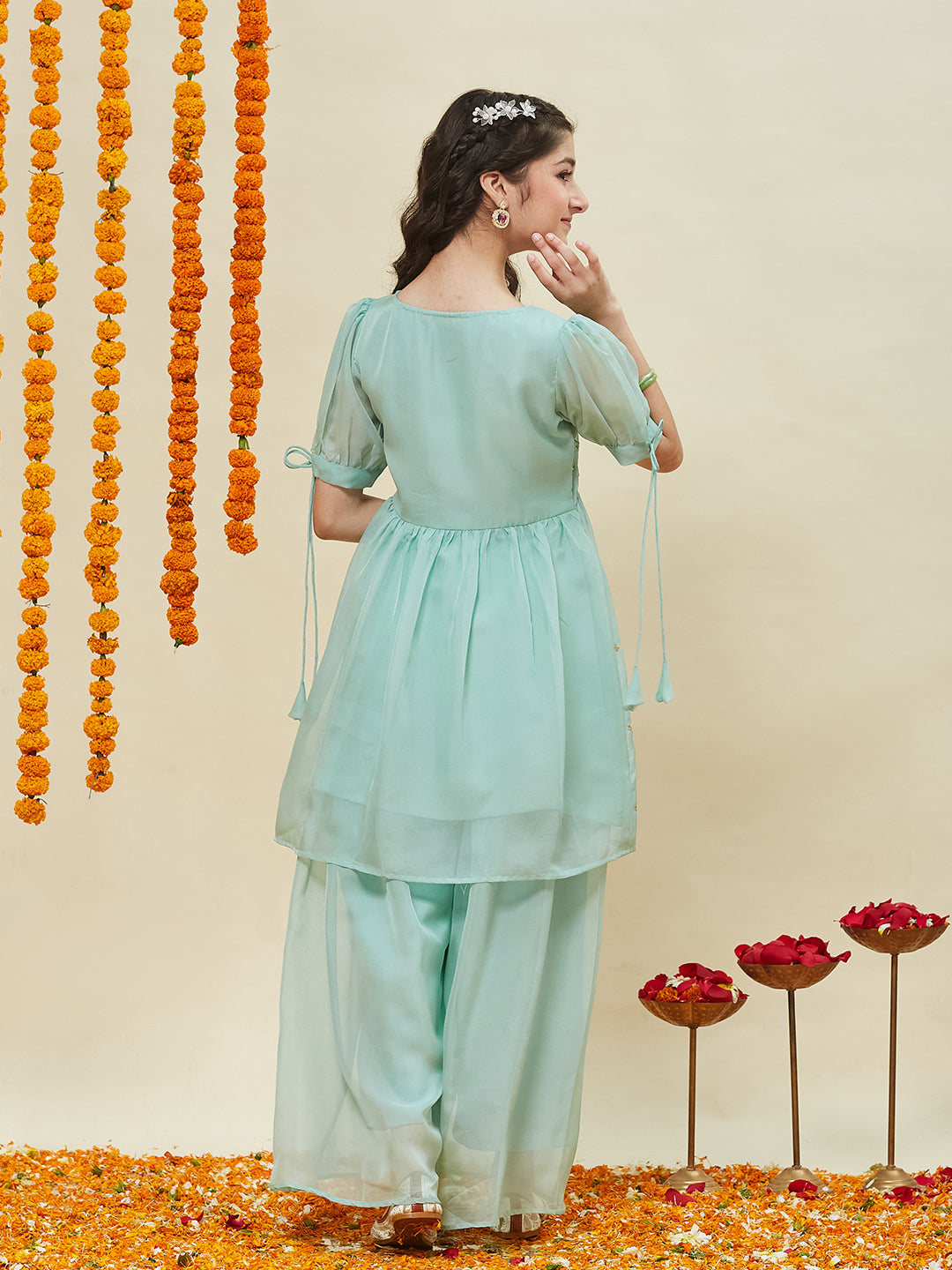 Sky Blue Embroidered Kurti & Sharara Set for Girls