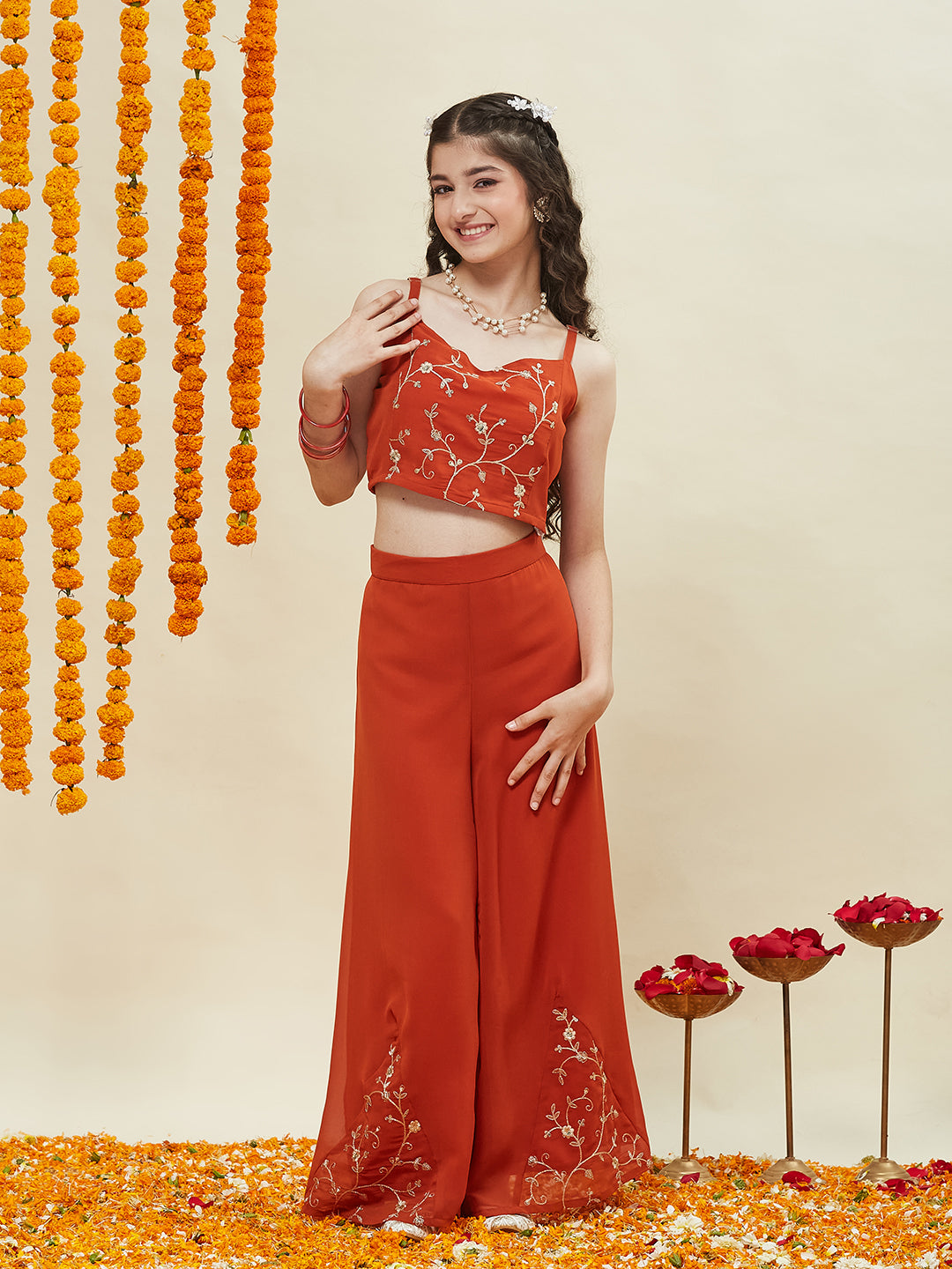 Orange Embroidered Georgette Top, Plazoo Shurg Set for girls