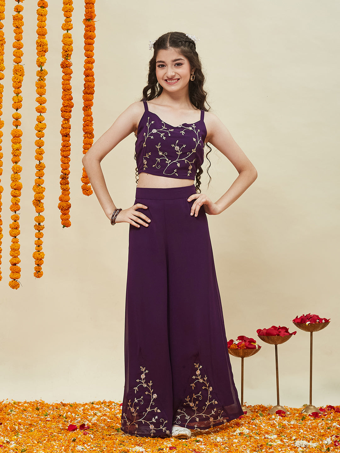Wine Embroidered Georgette Top, Plazoo Shurg Set for girls