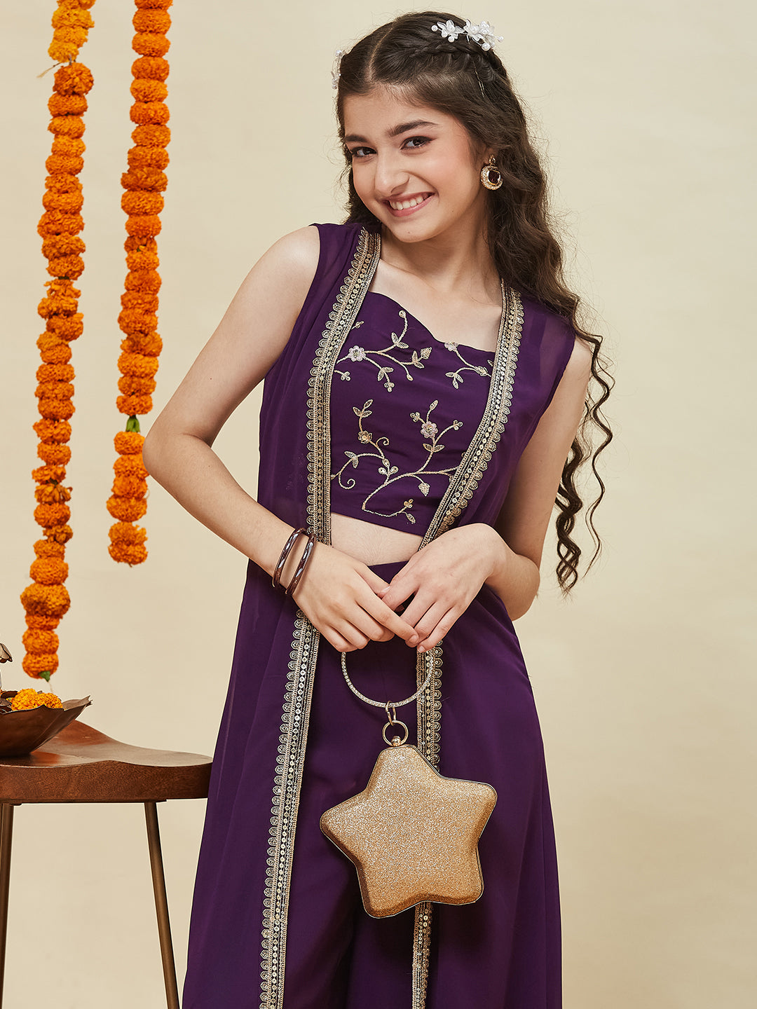 Wine Embroidered Georgette Top, Plazoo Shurg Set for girls
