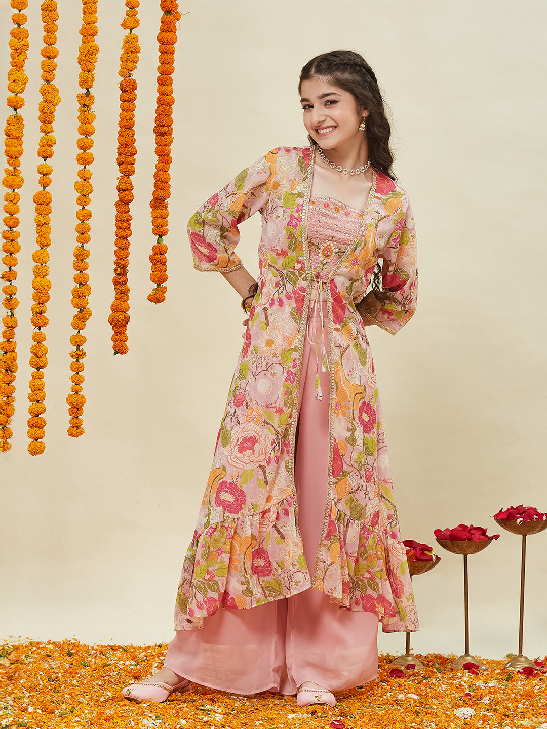 Pink Embroidered Georgette Top, Plazoo Shurg Set for girls